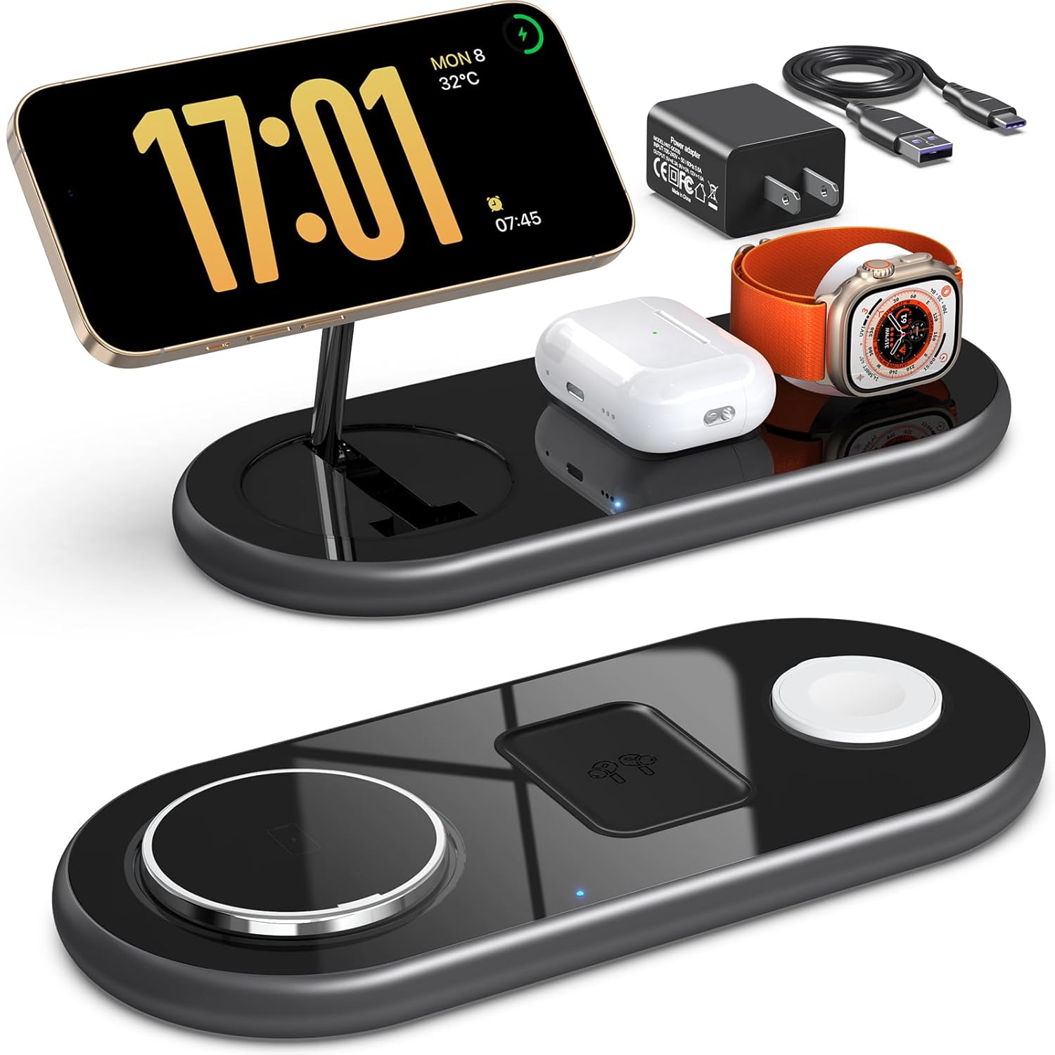 Fast 3-in-1 Apple Charging Station - Mag-Safe & Wireless Charger (Black)
