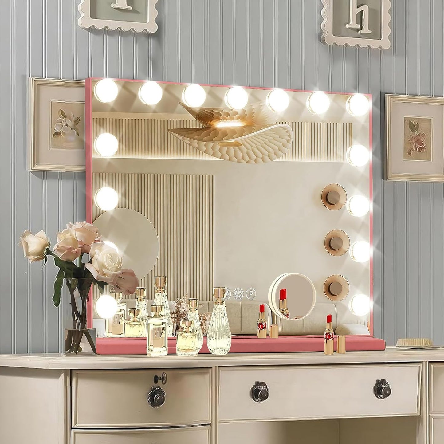 Pink Hollywood Vanity Mirror with Lights for Glamorous Makeup