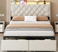 Full Bed Frame with Storage Drawers and LED Lights - Beige Velvet