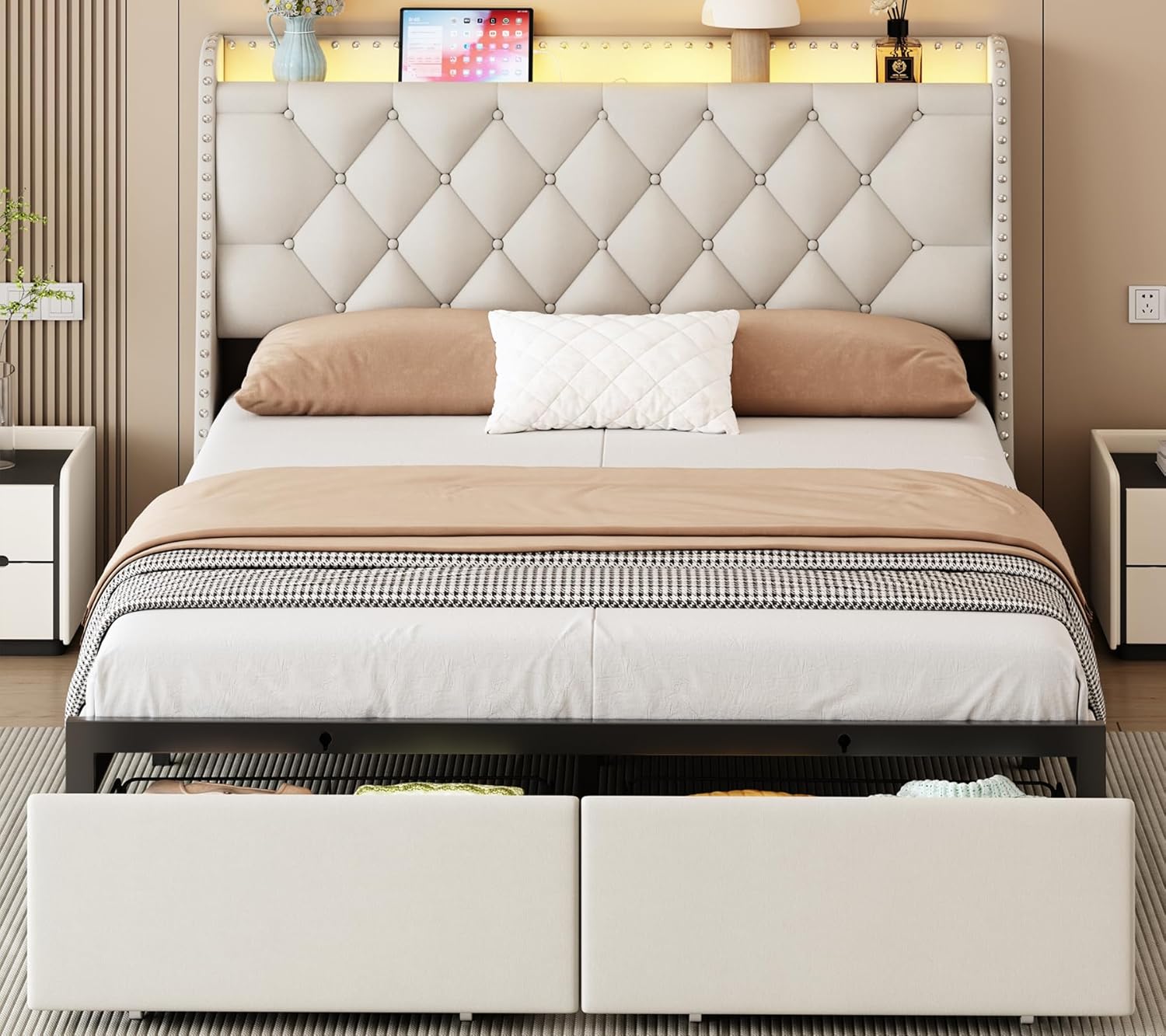 Full Bed Frame with Storage Drawers and LED Charging Station