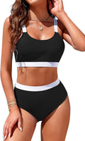 Womens High Waisted Color Block Bikini Set - Sporty Scoop Neck