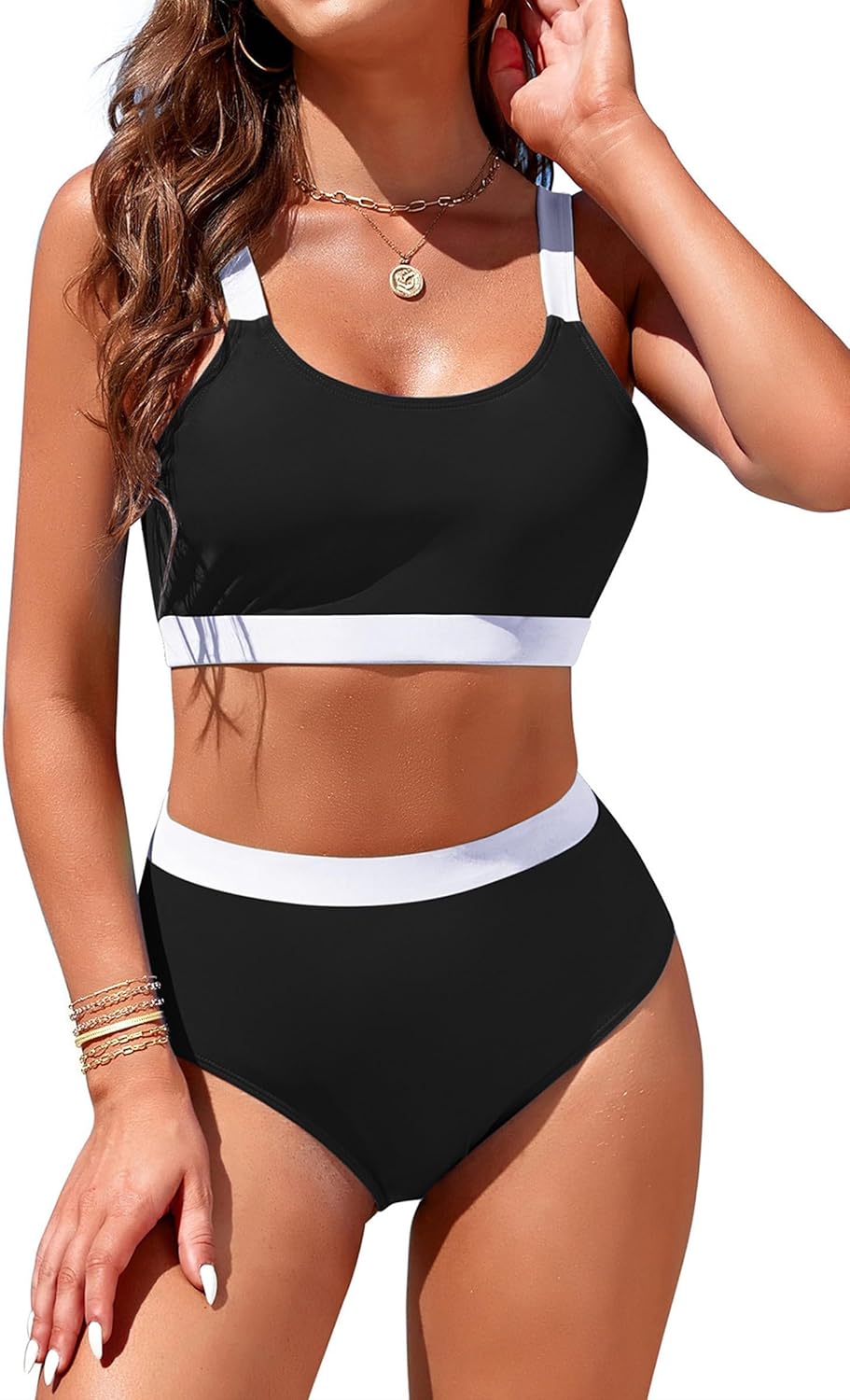 Womens High Waisted Bikini Sets Sporty Crop Top Color Block Swimwear