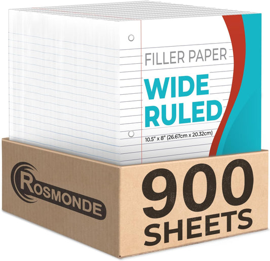 900 Sheets Loose Leaf Paper 6 Pack - Wide Ruled Filler for School - Rosmonde