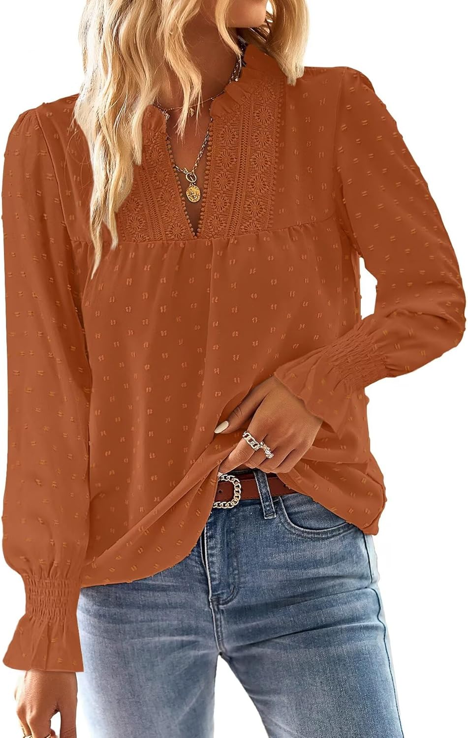Boho Tops for Women V Neck Blouses Flowy Swiss Dot Style