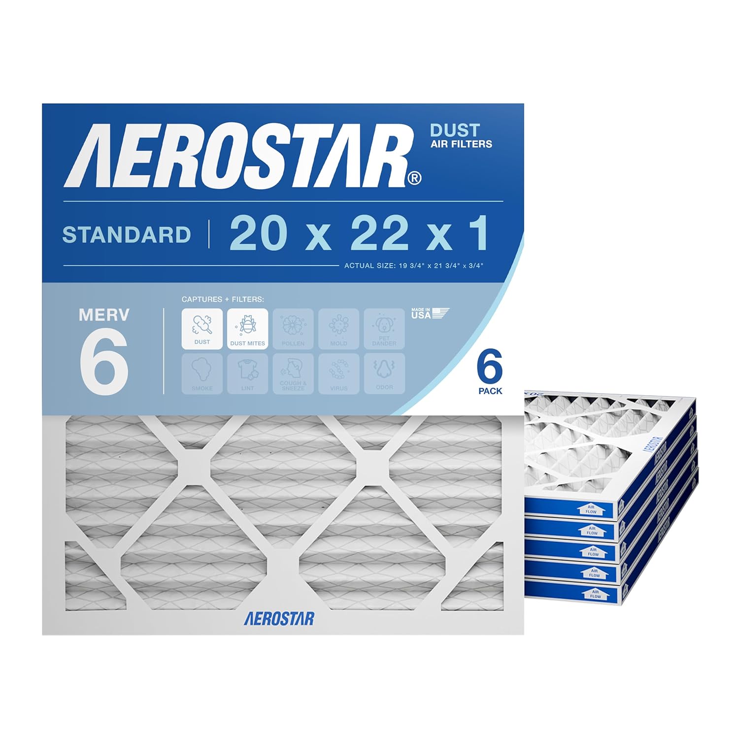 Aerostar 20x22x1 MERV 6 Air Filter for Dust and Pollen Control