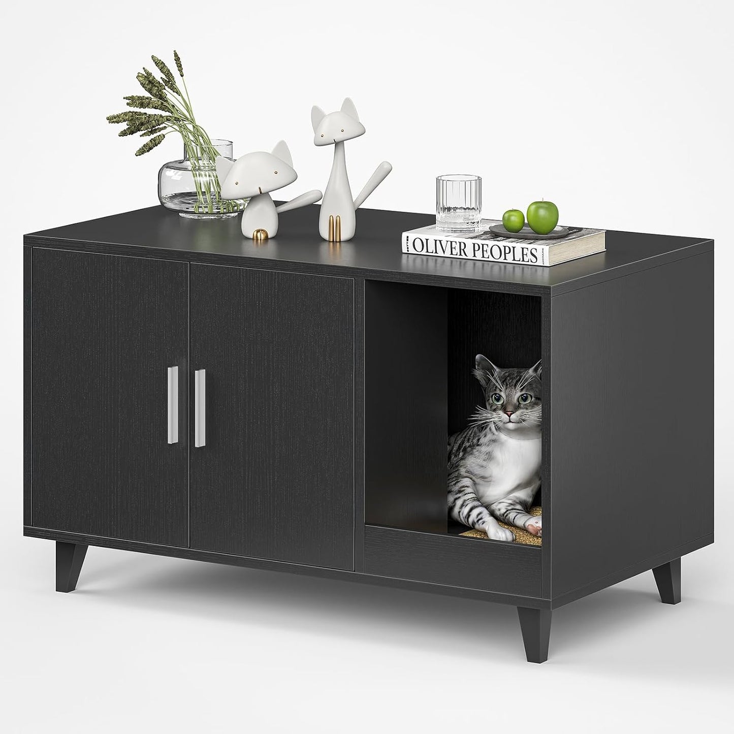 Hidden Cat Litter Box Enclosure Furniture with Scratching Mat