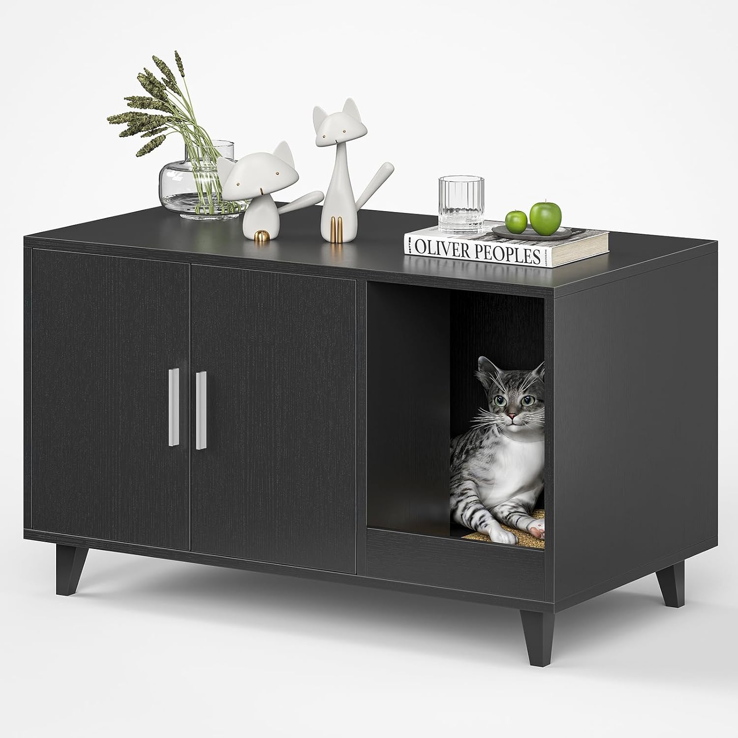 Hidden Cat Litter Box Enclosure Furniture with Scratching Mat