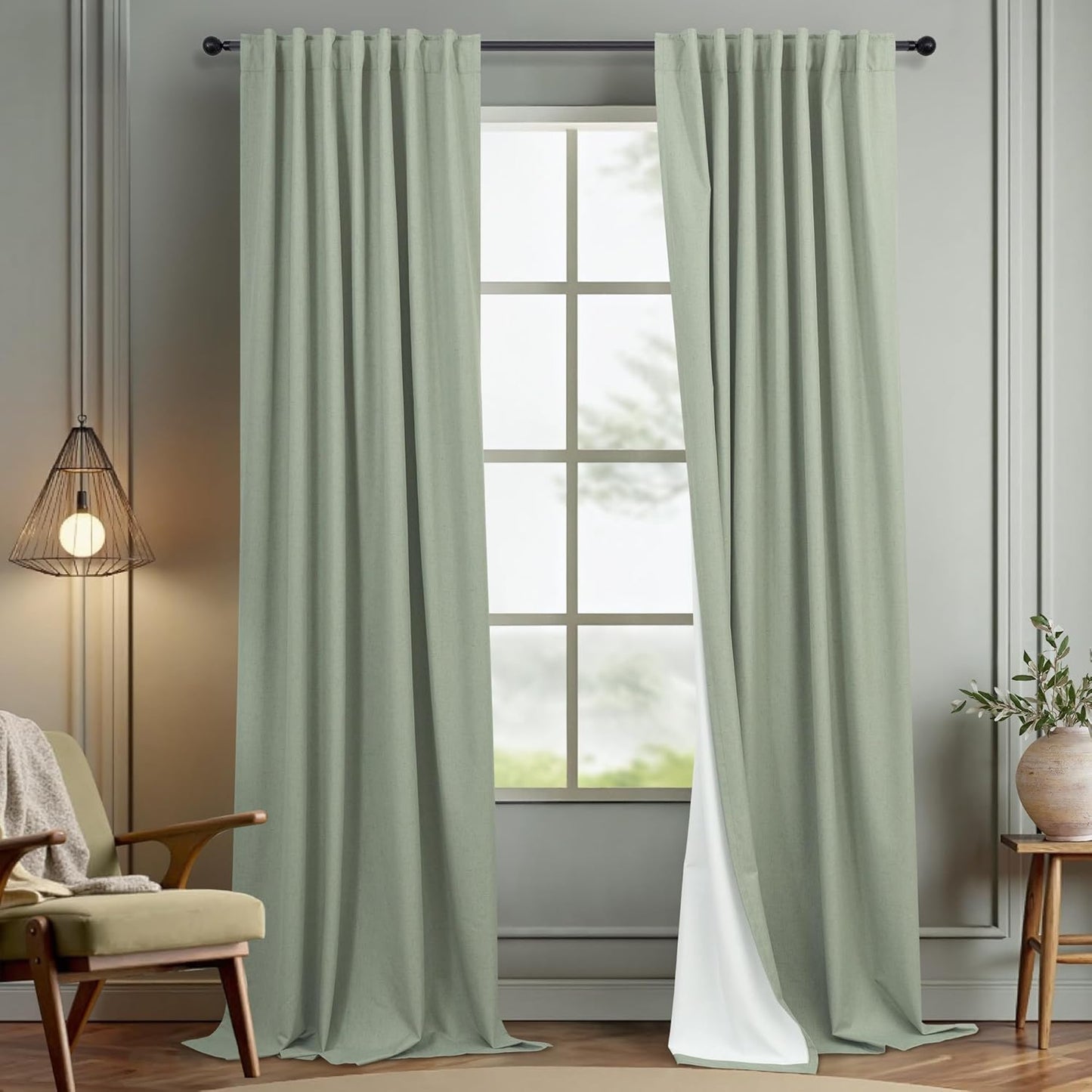 96 Inch Blackout Curtains Set for Living Room in Sage Green