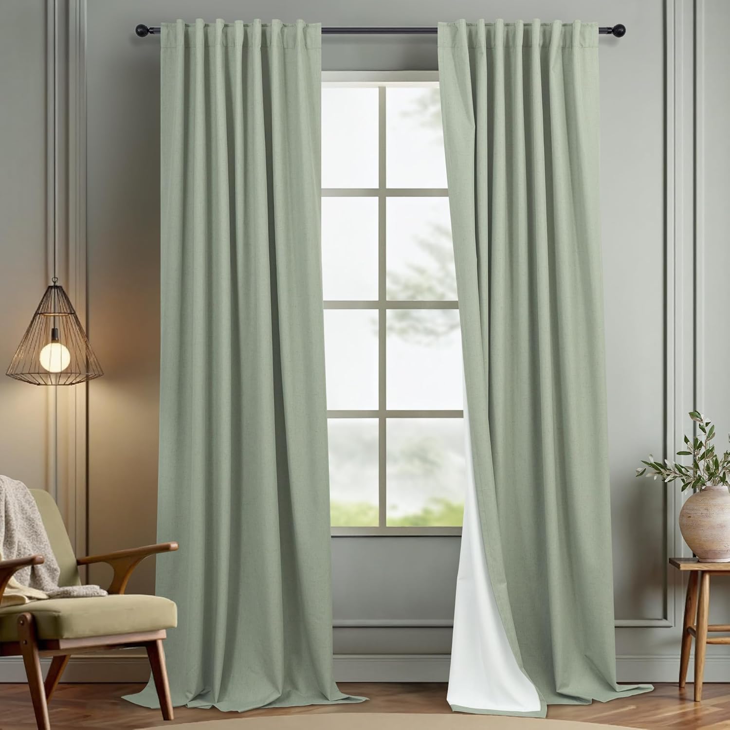 96 Inch Blackout Curtains Set for Living Room in Sage Green