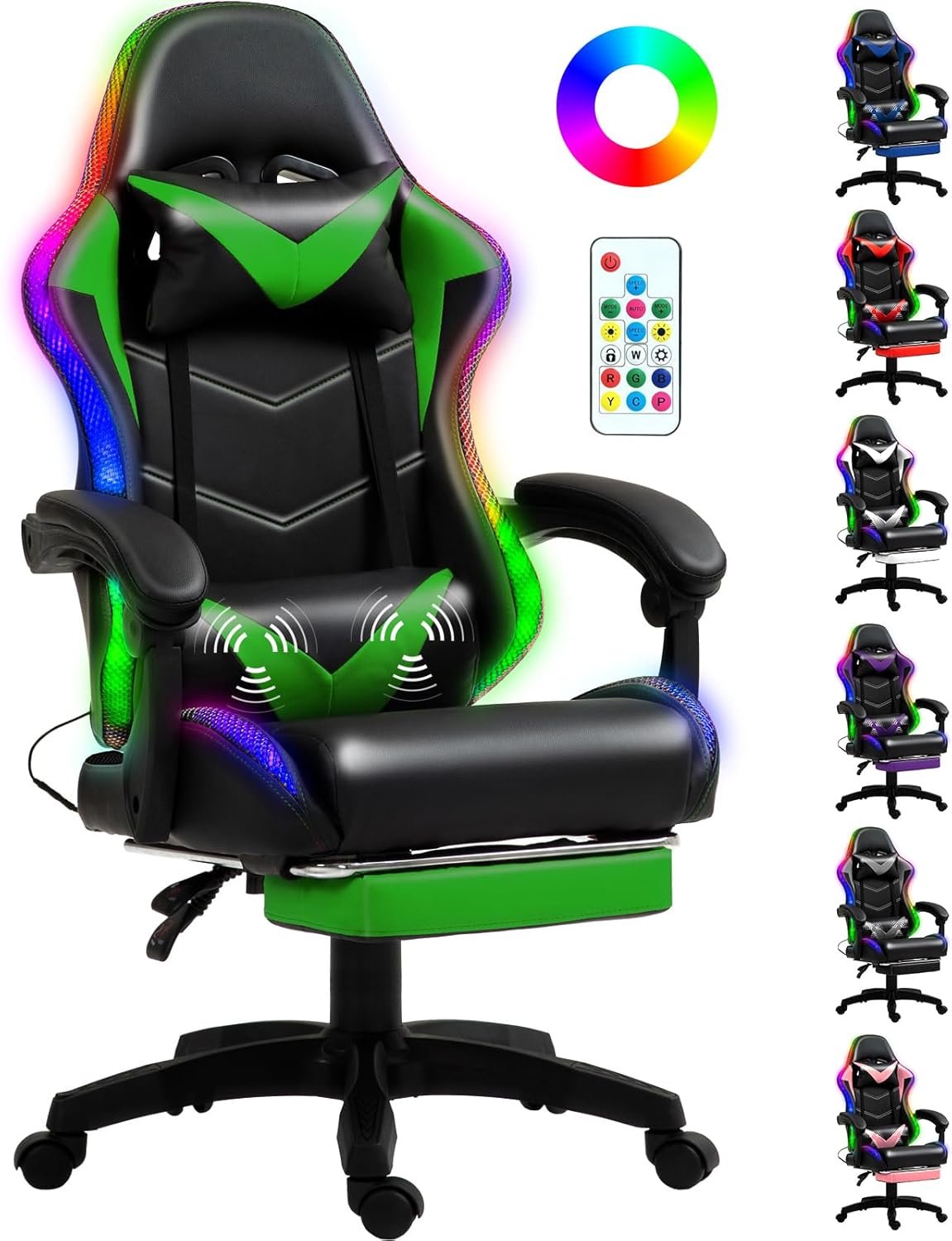 RGB LED Lights Gaming Chair with Lumbar Massager for Comfort