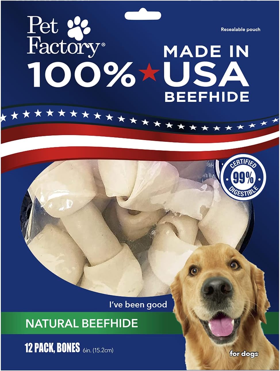 Pet Factory 100% Made in USA Beefhide 6in Knotted Bones Treats