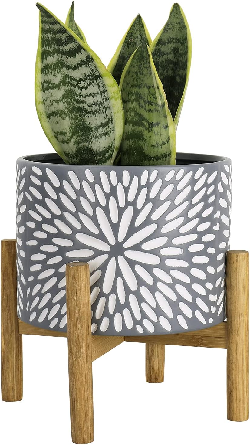 Unique Modern Flower Pots Indoor with Wood Stand - 8 Inch