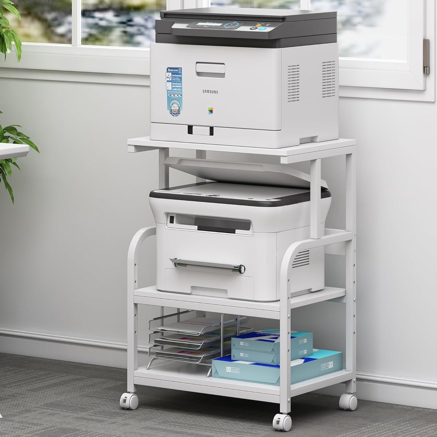 White Printer Stand with Storage for Home Office Organization