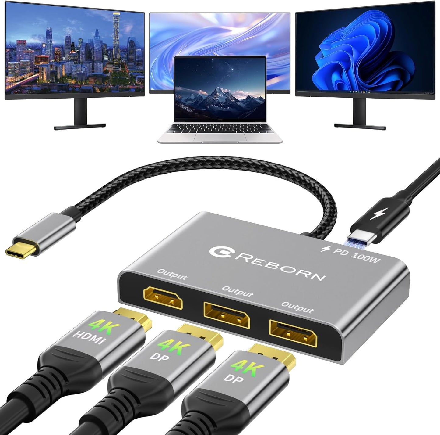 Reborn USB-C to Dual DisplayPort Adapter for 3 Monitors