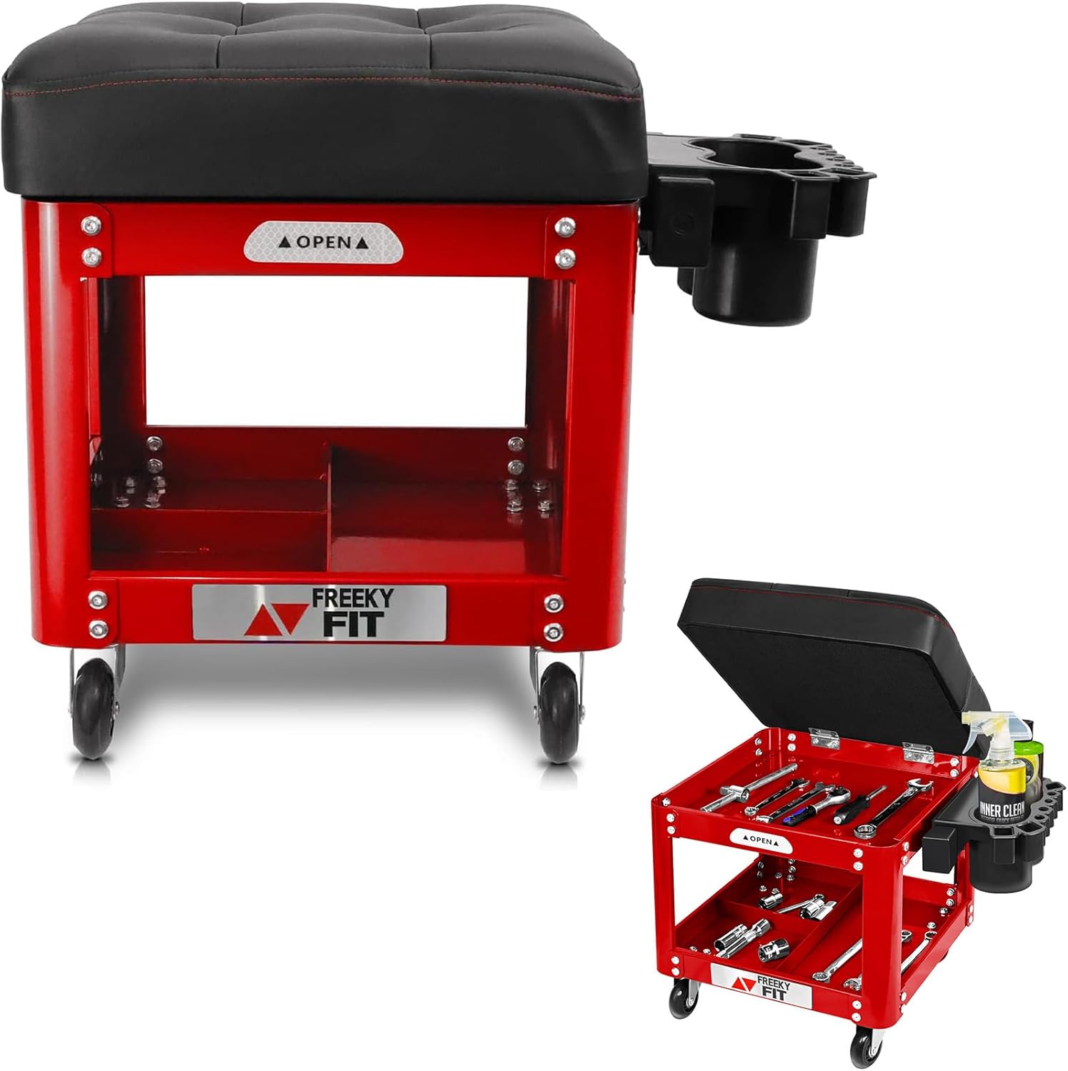 Rolling Creeper Garage Shop Seat with Tool Tray Storage Red