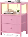 Pink Nightstand with Charging Station and LED Lights - Compact Bedside