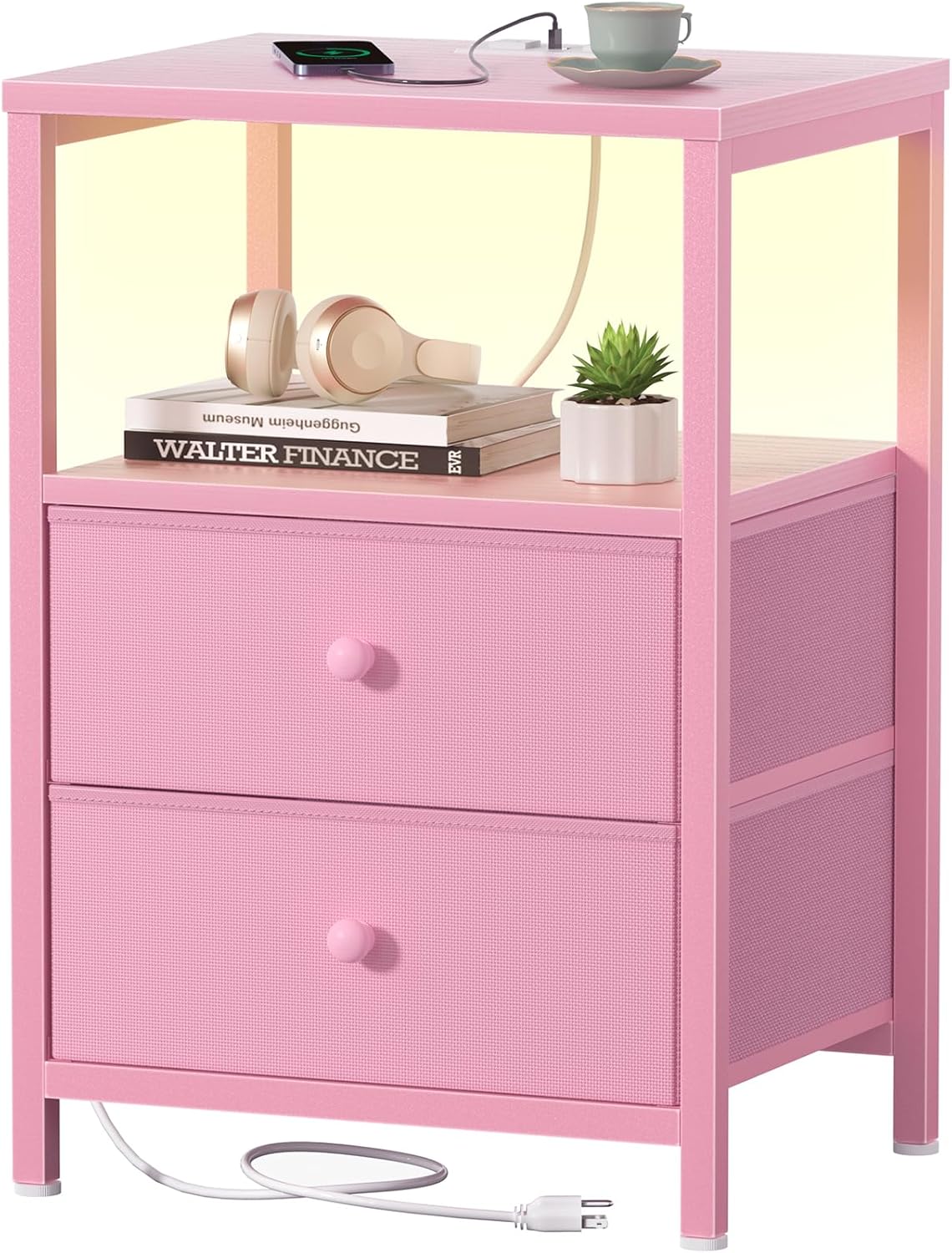 BOLUO Pink Nightstand with Charging Station and LED Light