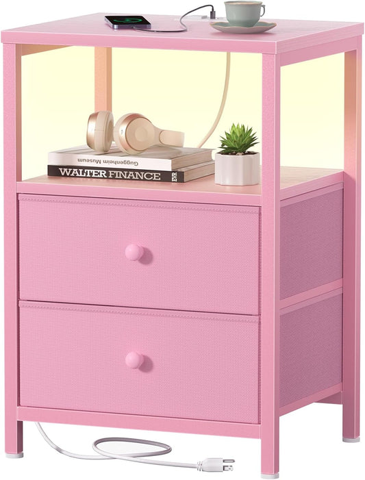BOLUO Pink Nightstand with Charging Station and LED Light