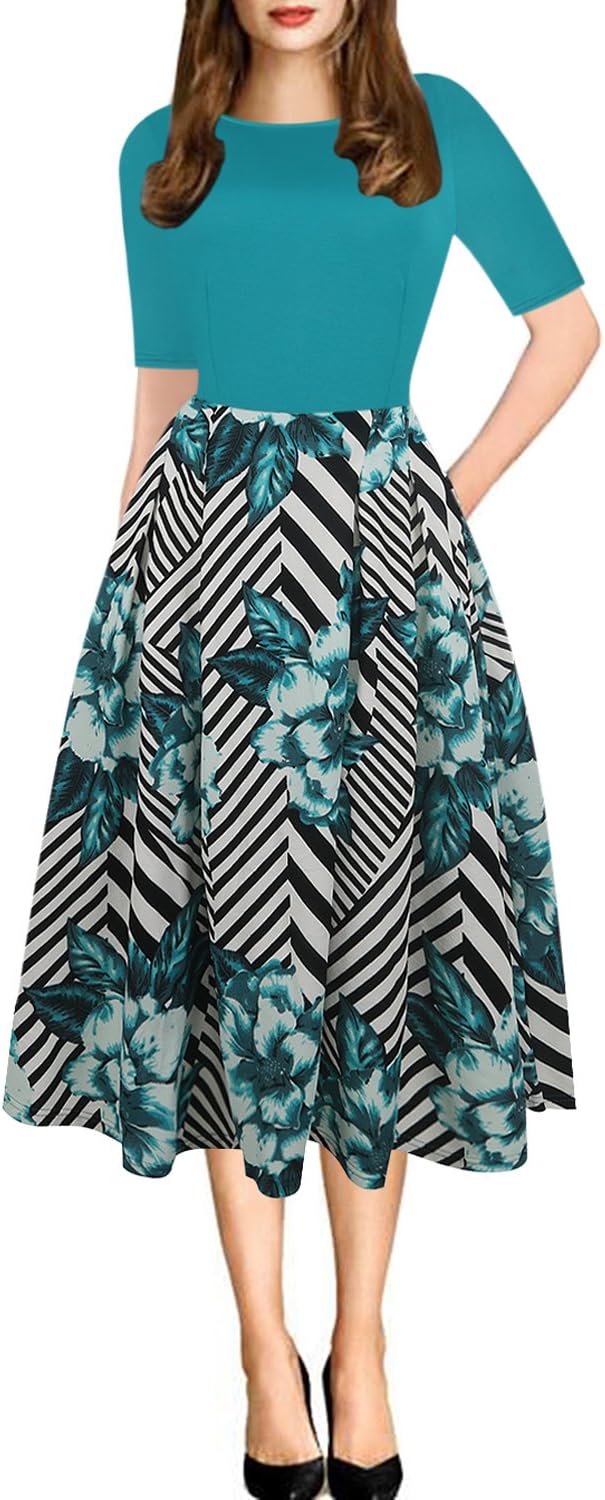 Oxiuly Women's Vintage Patchwork Pockets Casual Party Dress