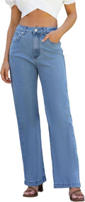 Womens Jeans High Waisted Straight Leg Loose Stretchy Lightweight Blue