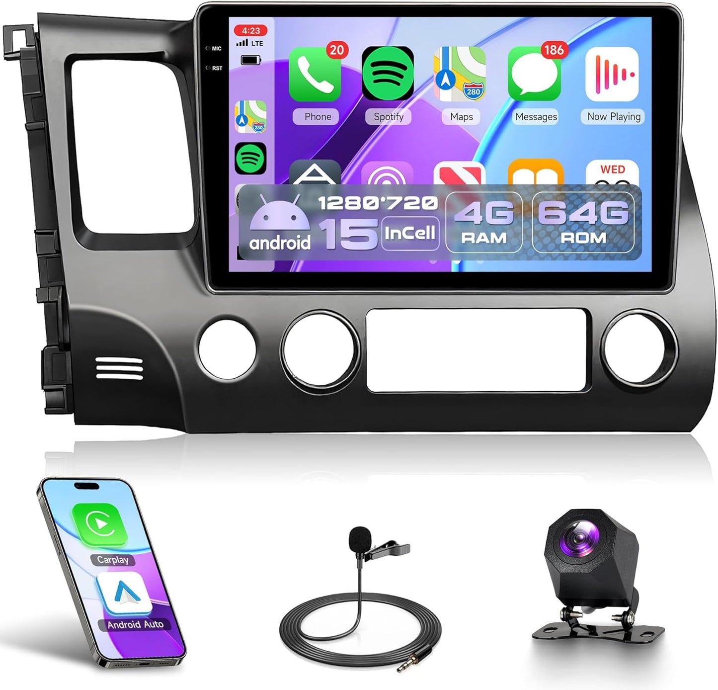 4Core 4G+64G Android 15 Car Radio for Honda Civic 2006-2011