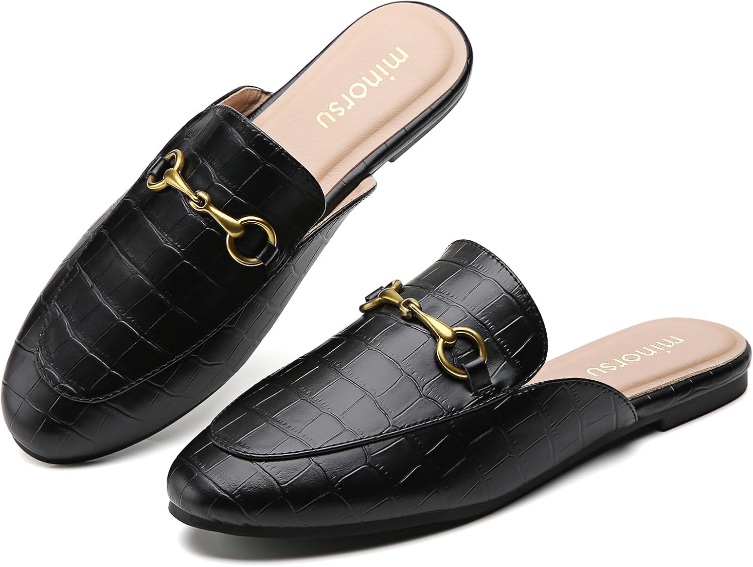 Minorsu Women's Black Animal Print Buckle Mules for Comfort