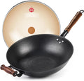 Cast Iron Wok 12.59 in Flat Bottom with Glass Lid - Durable Heat