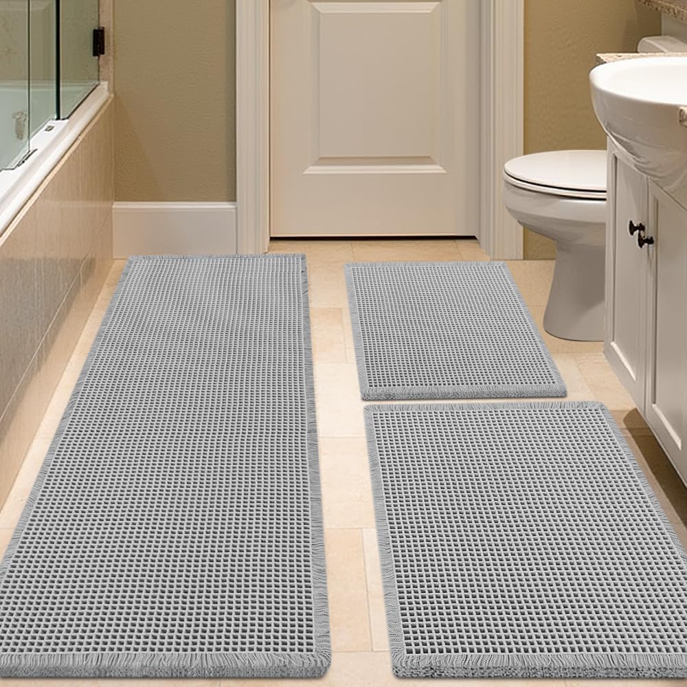 Waffle Bath Mat Set 3 Piece Light Grey for Modern Bathrooms