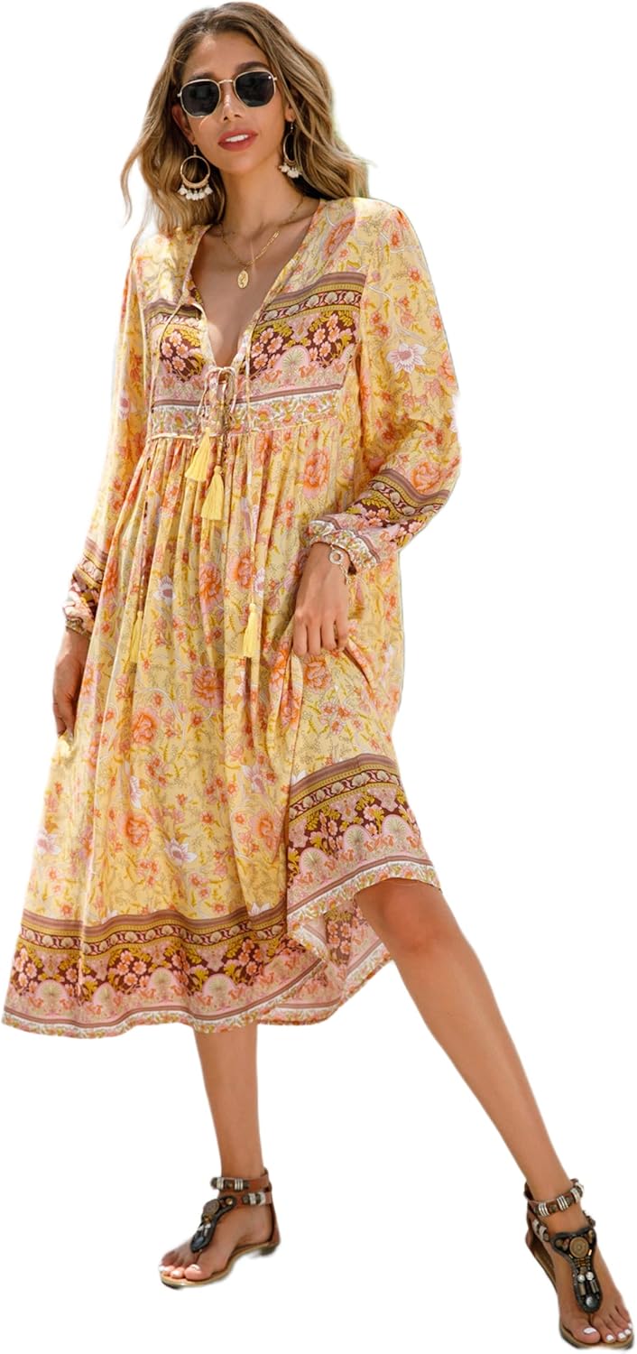 R.Vivimos Women's Long Sleeve Floral Print Bohemian Midi Dress