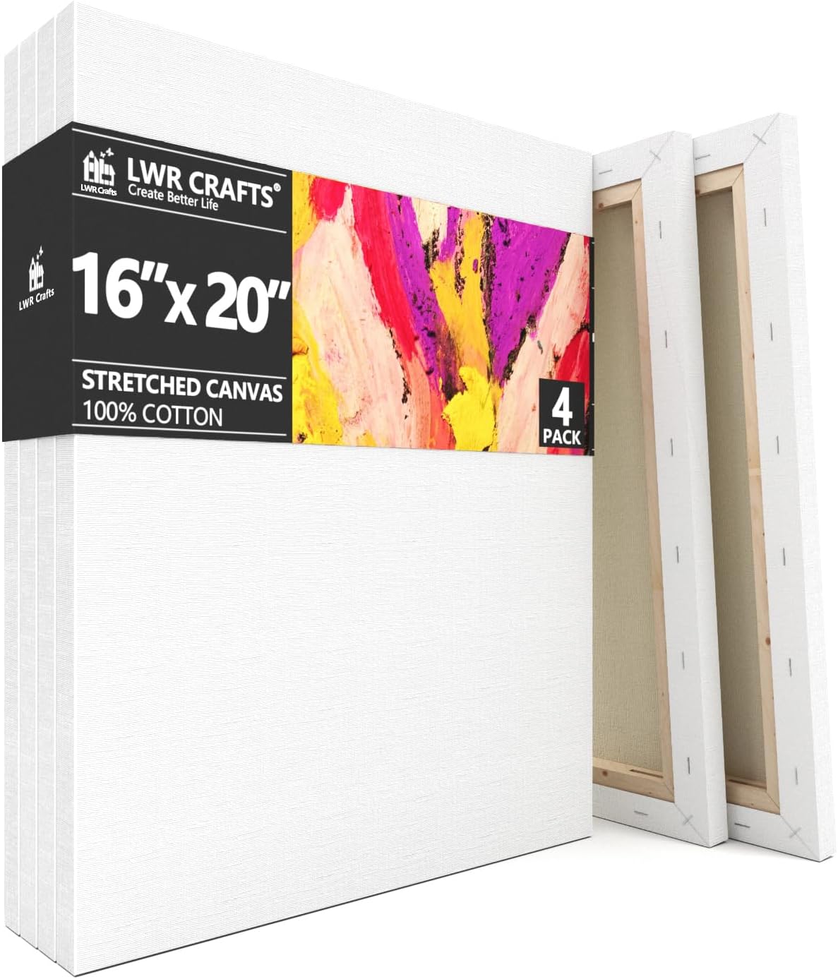 LWR CRAFTS Stretched Canvas 16in x 20in Pack of 4 for Artists