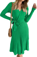 Womens Fall Long Sleeve Wrap V Neck Ribbed Knit Sweater Dress - Midi