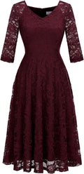 Dressystar Womens Long-Sleeve Lace Midi Dress - A-Line Tea Length