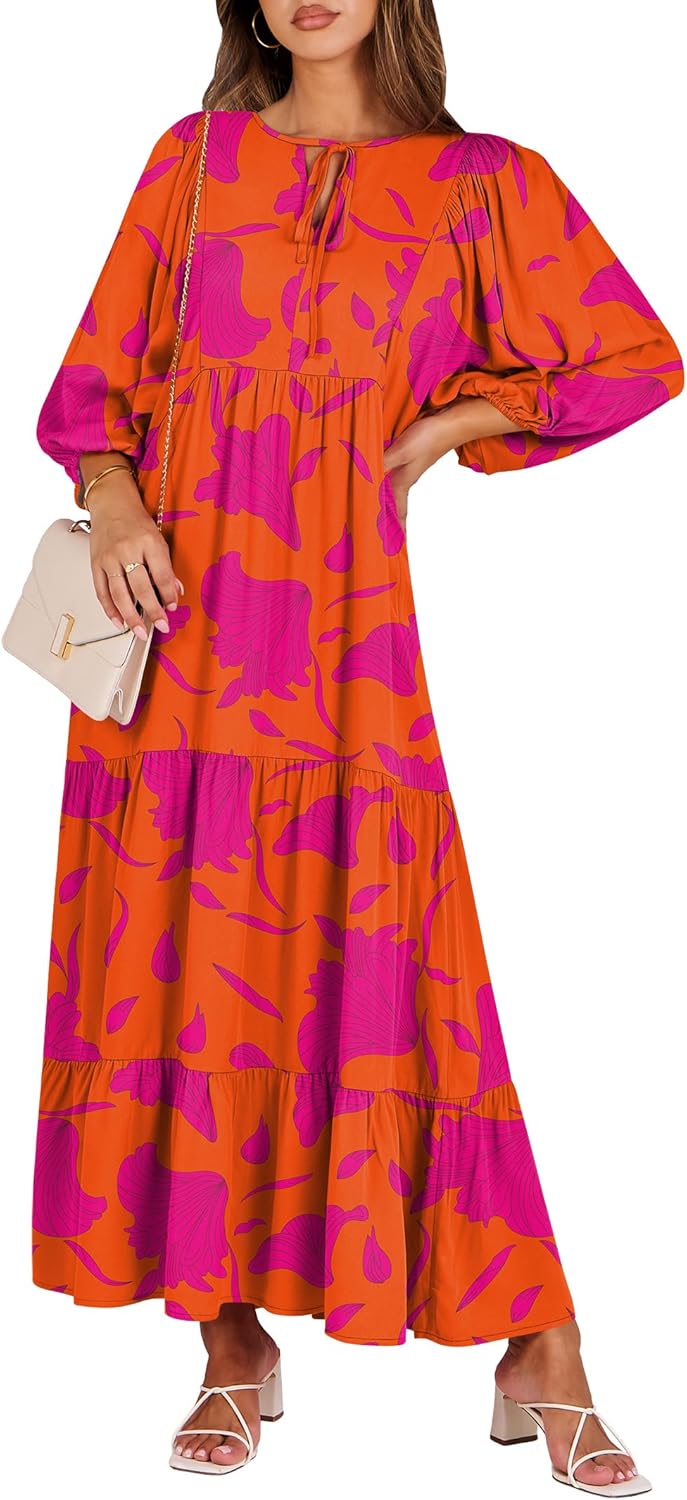 Boho Maxi Dresses for Women: Floral V Neck Puff Sleeve Style