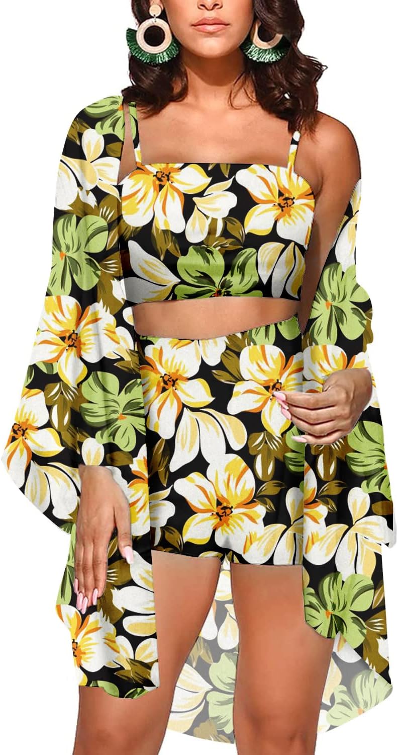KEYUFANG Women 3 Piece Floral Kimono Summer Outfit Set