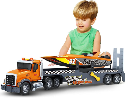 Toddler Boy Toys 21-Inch Semi Flatbed Truck with Sea Race Truck