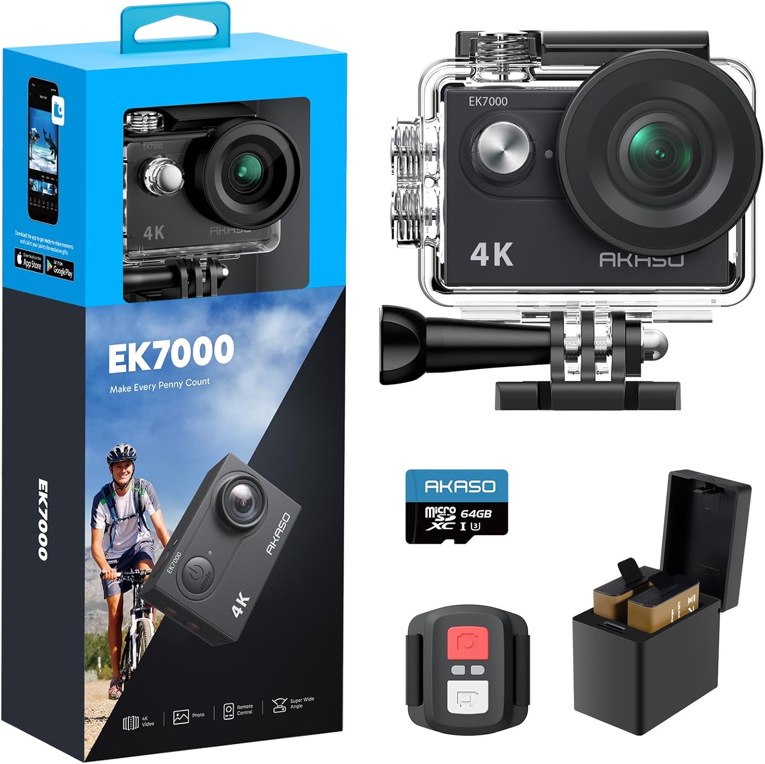 AKASO 4K30fps Action Camera Bundle - 131FT Waterproof, EIS, WiFi, 4X Zoom