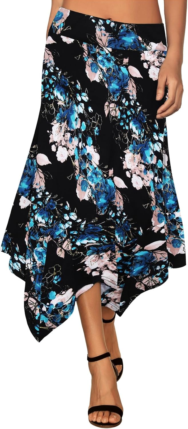 DJT Women's Casual Midi Skirt with Stretchy Waistband and Flare