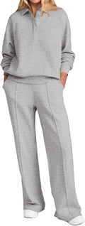 Women Fall 2 Piece Sweatsuit Set - Quarter Button Sweatshirt & Wide