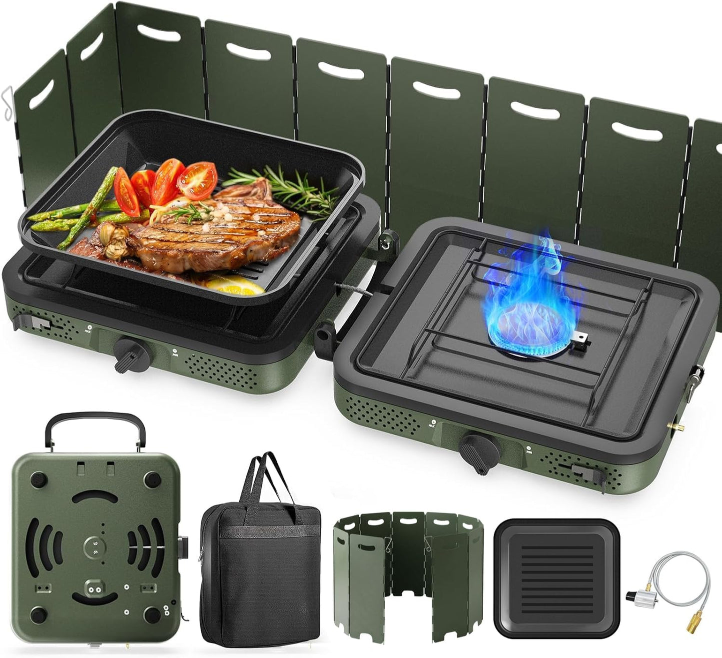 2 Burner Propane Camping Stove with Grill for Outdoor Cooking