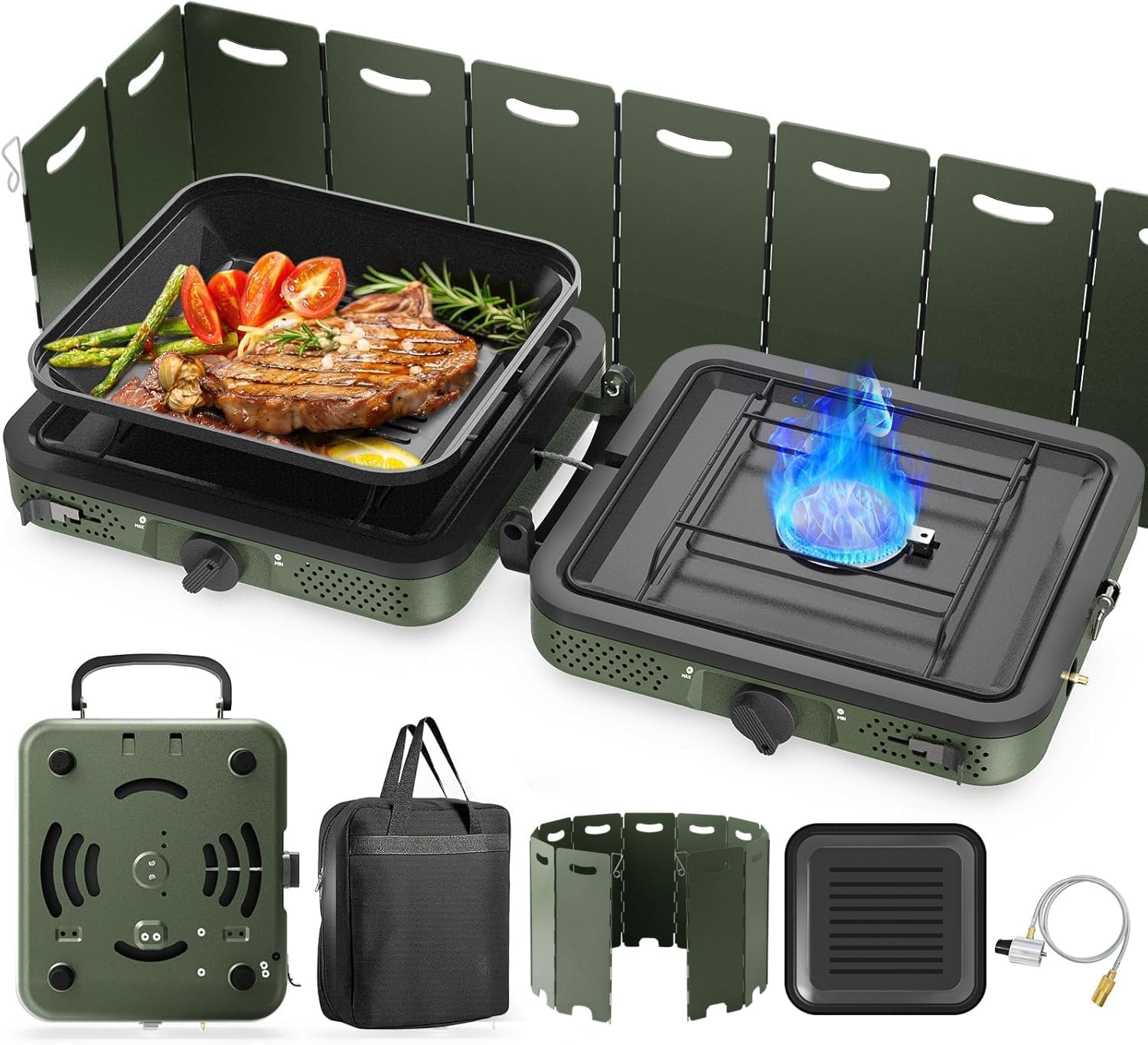 2 Burner Propane Camping Stove with Grill for Outdoor Cooking