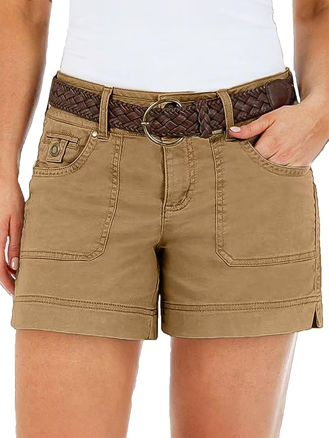 Flamingals Women's Mid Waist Solid Split Side Casual Shorts
