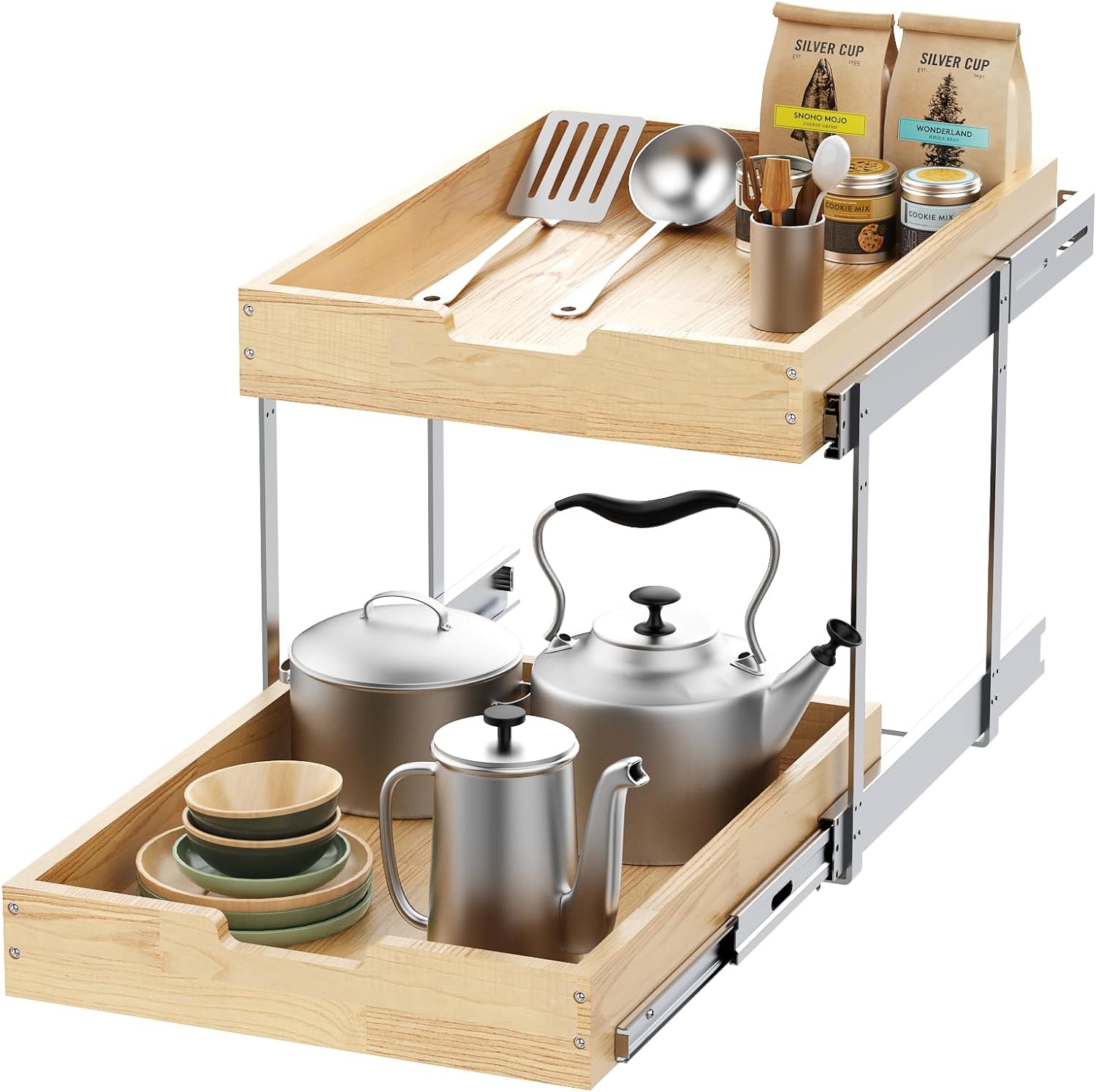 Wood Pull Out Cabinet Organizer for Kitchen and Bathroom Storage
