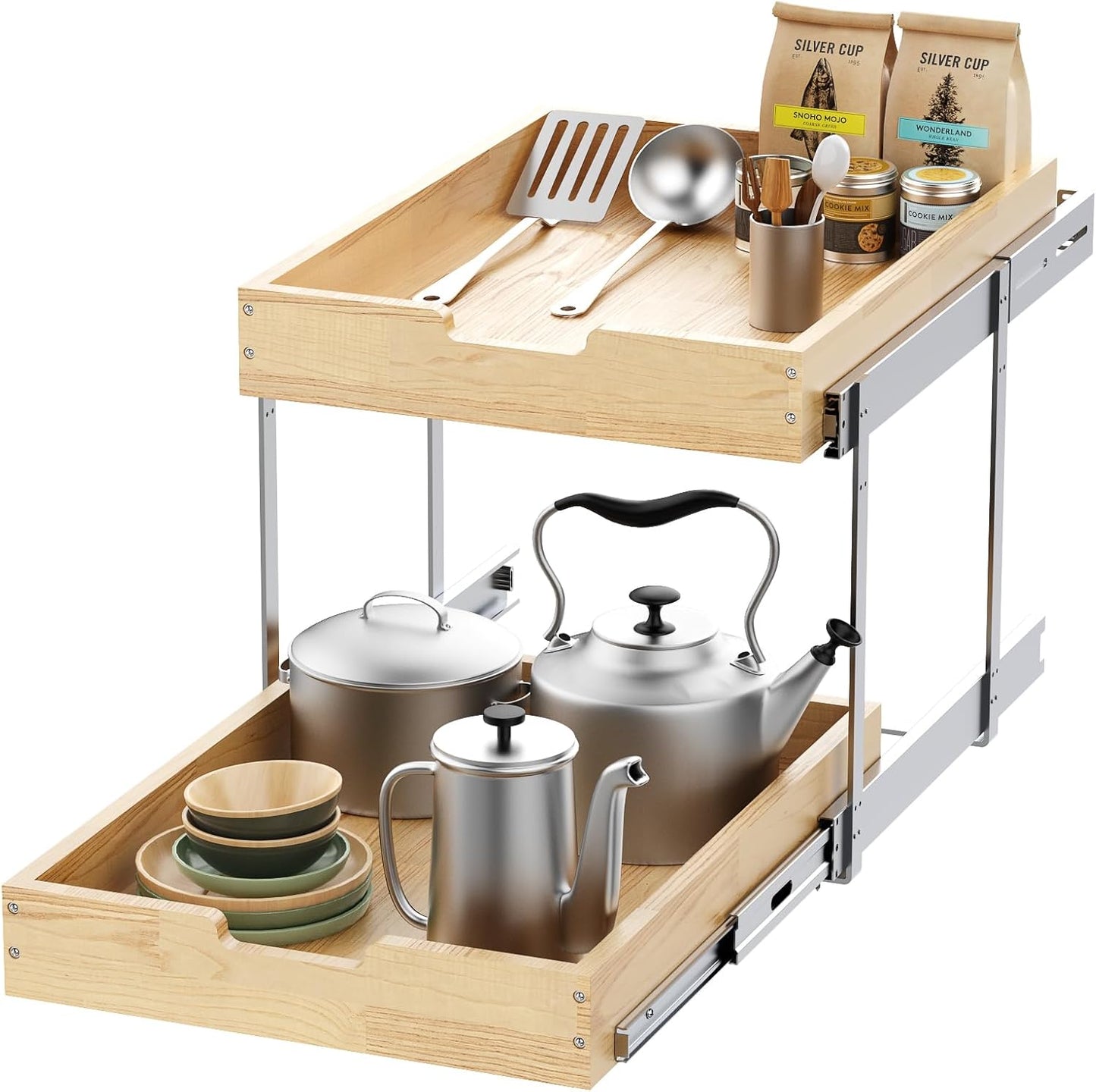 Wood Pull Out Cabinet Organizer for Kitchen and Bathroom Storage