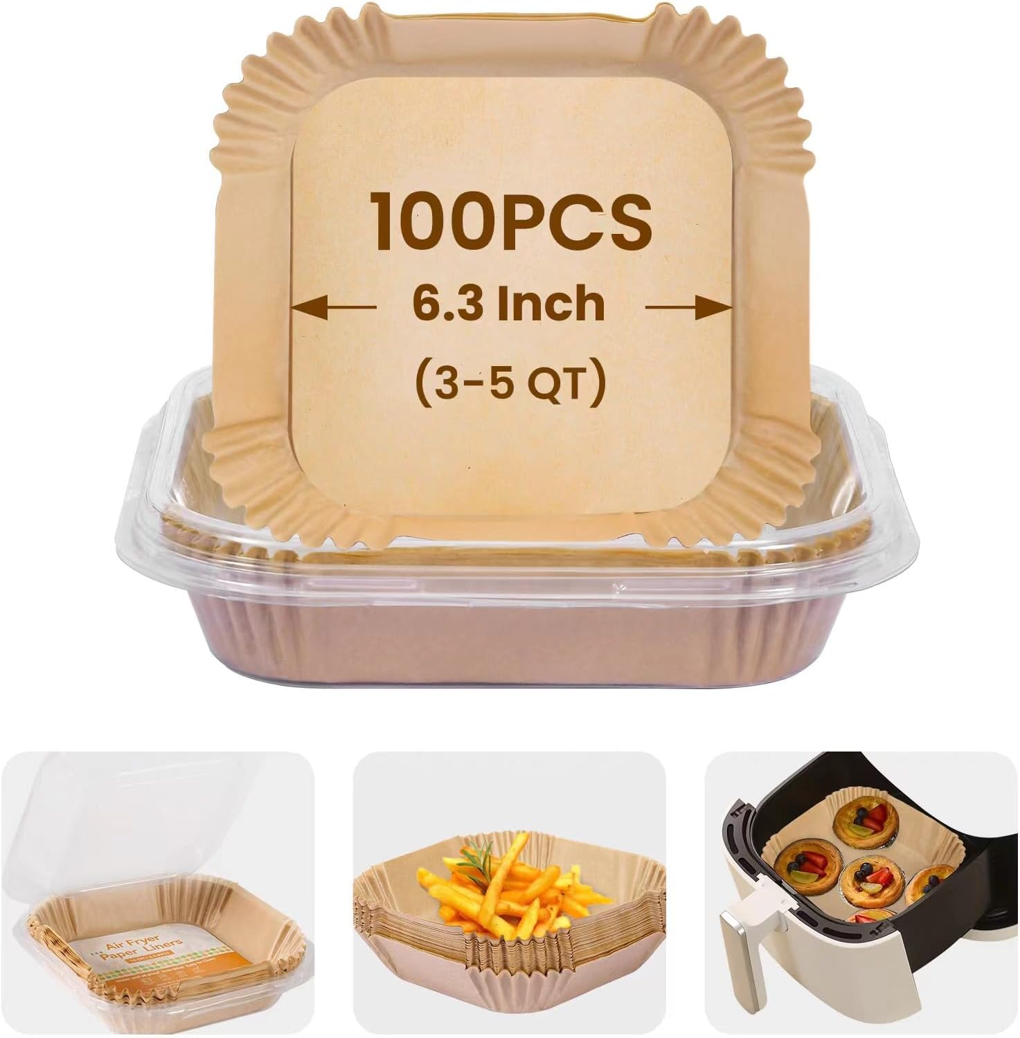Non-Stick Air Fryer Liners: 100 Pcs, Bleach Free, 6.3IN
