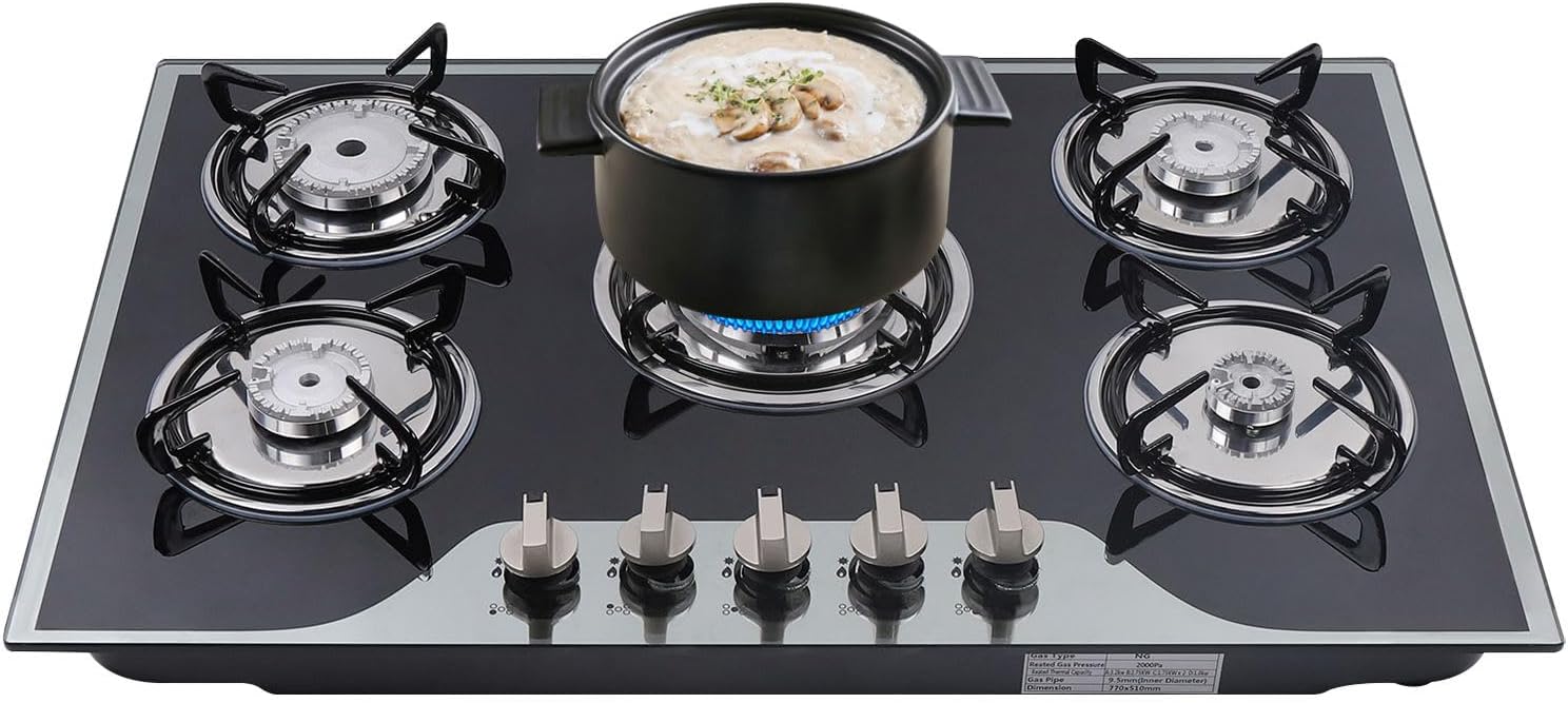 15 Black Tempered Glass Panel Built-in LPG Gas Hob Cooktop