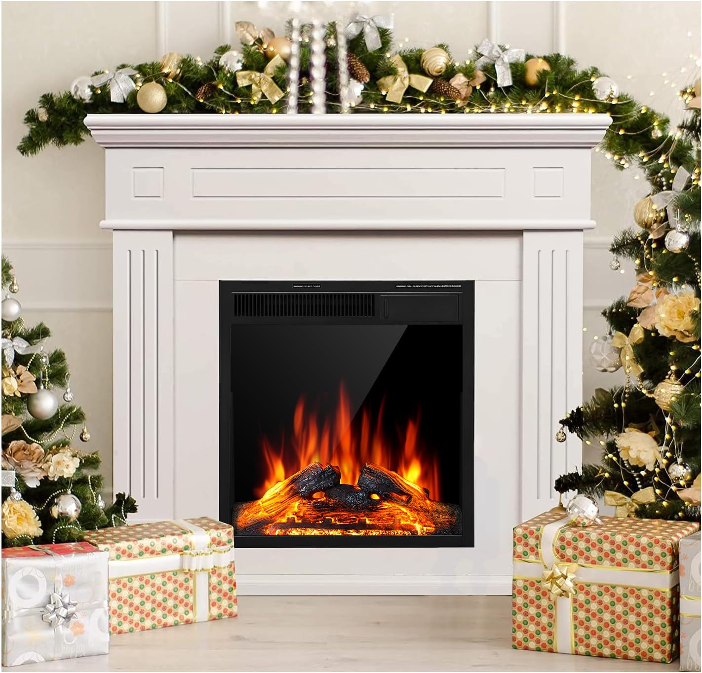 JAMFLY Electric Fireplace TV Stand - Adjustable Flame, Remote Control - Lvory White