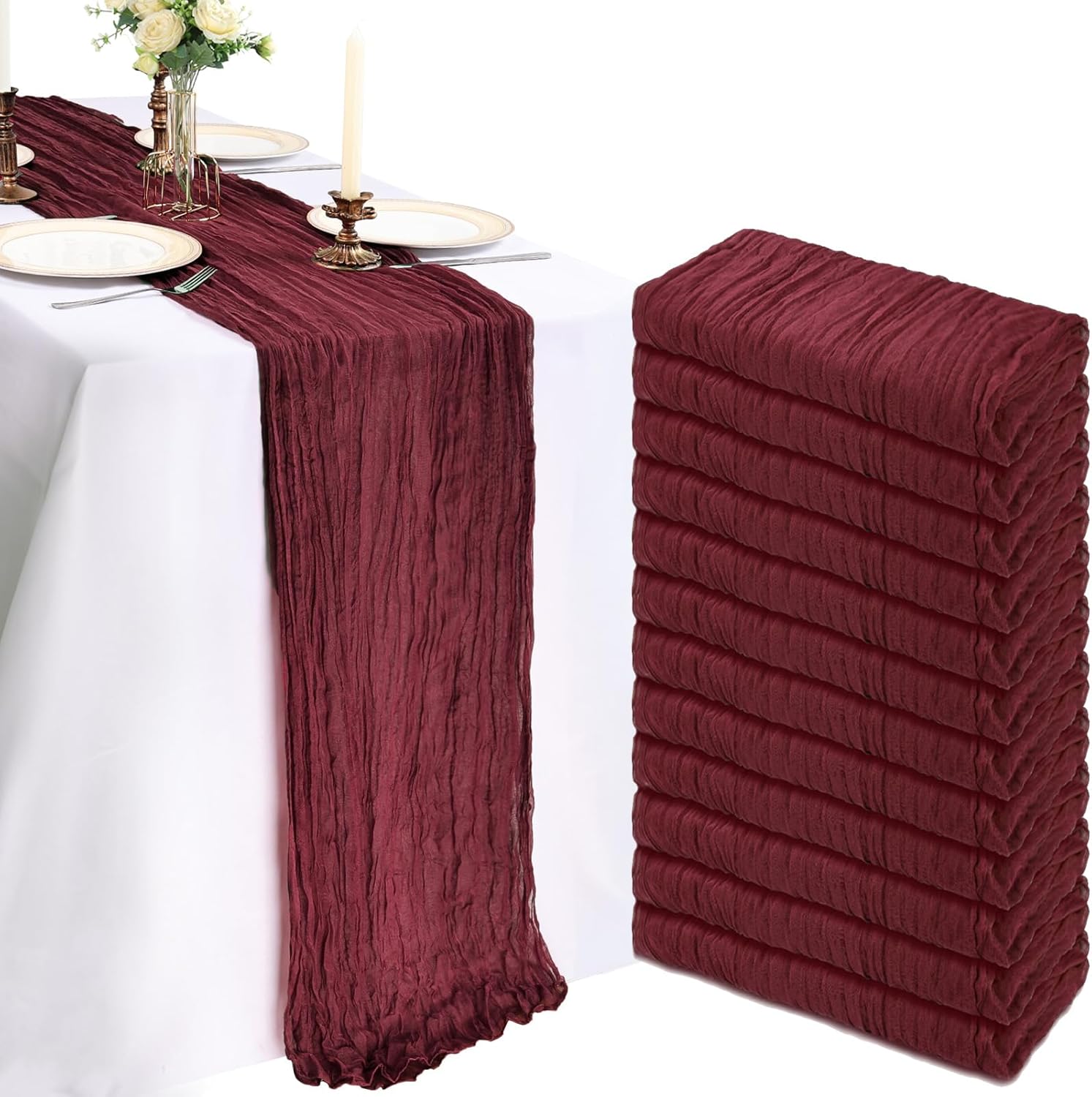 Burgundy Cheesecloth Table Runner Set for Elegant Decor