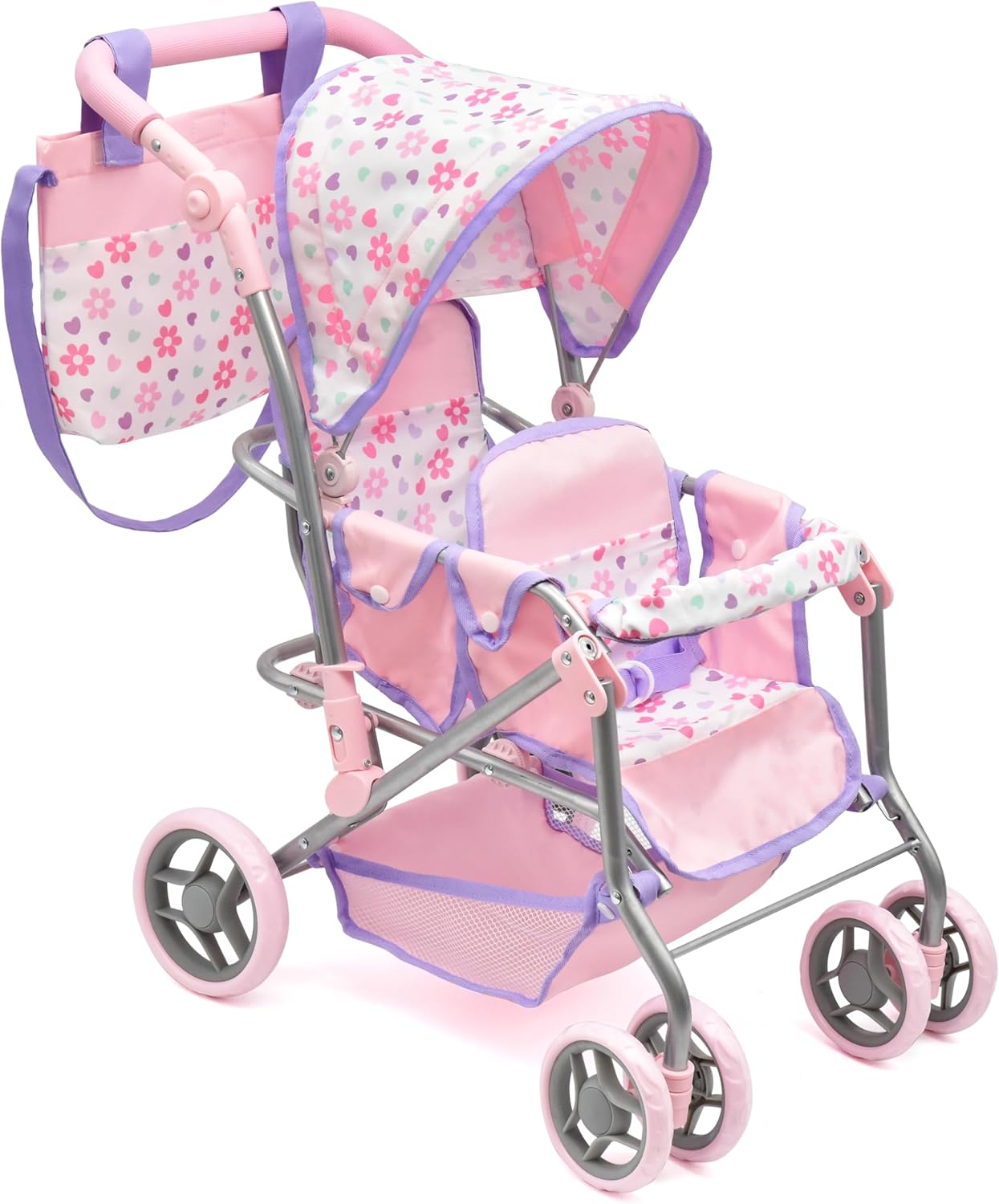 Baby Doll Double Stroller for Kids with Storage Basket & Bag
