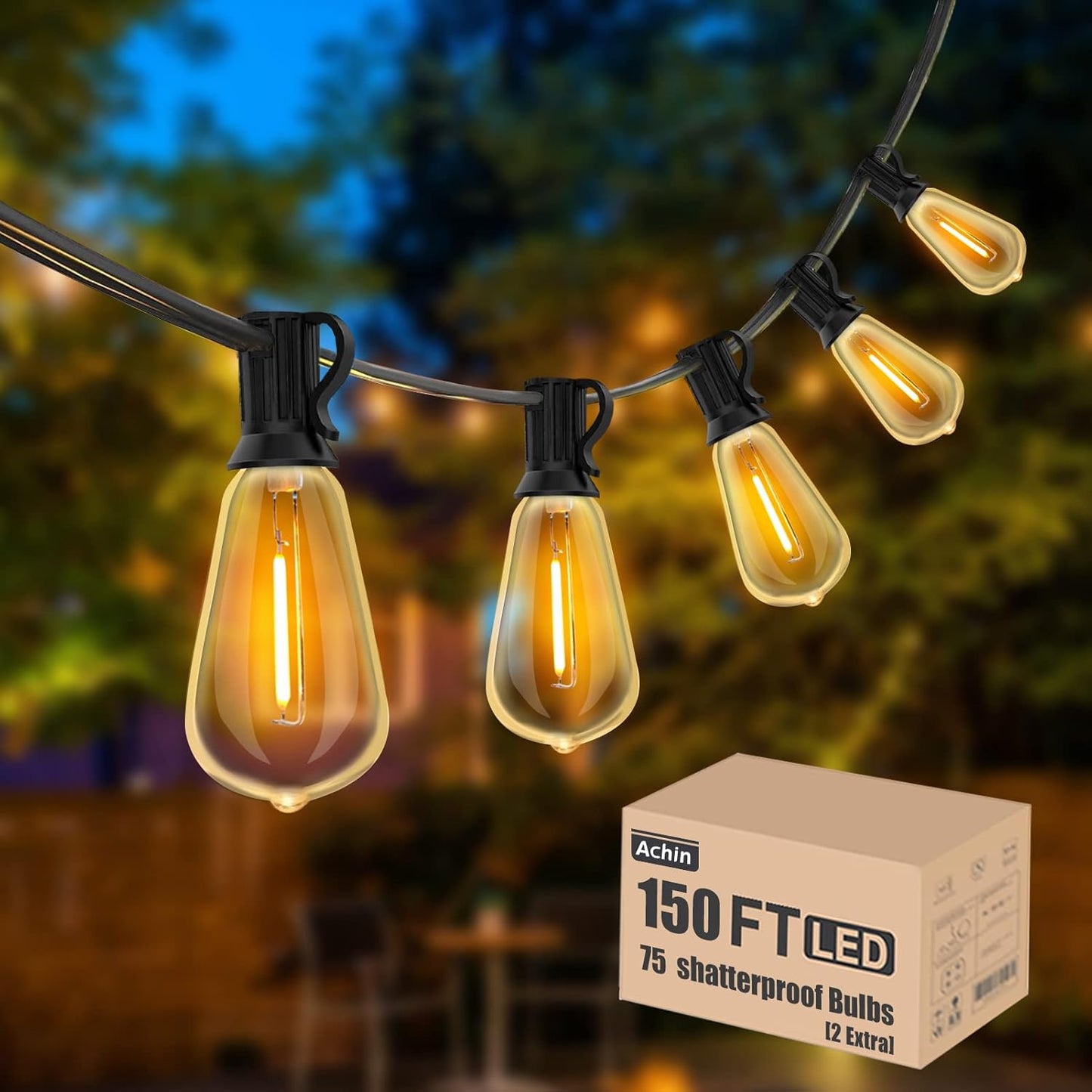 Achin Outdoor String Lights 150FT LED Dimmable Vintage Warm Glow
