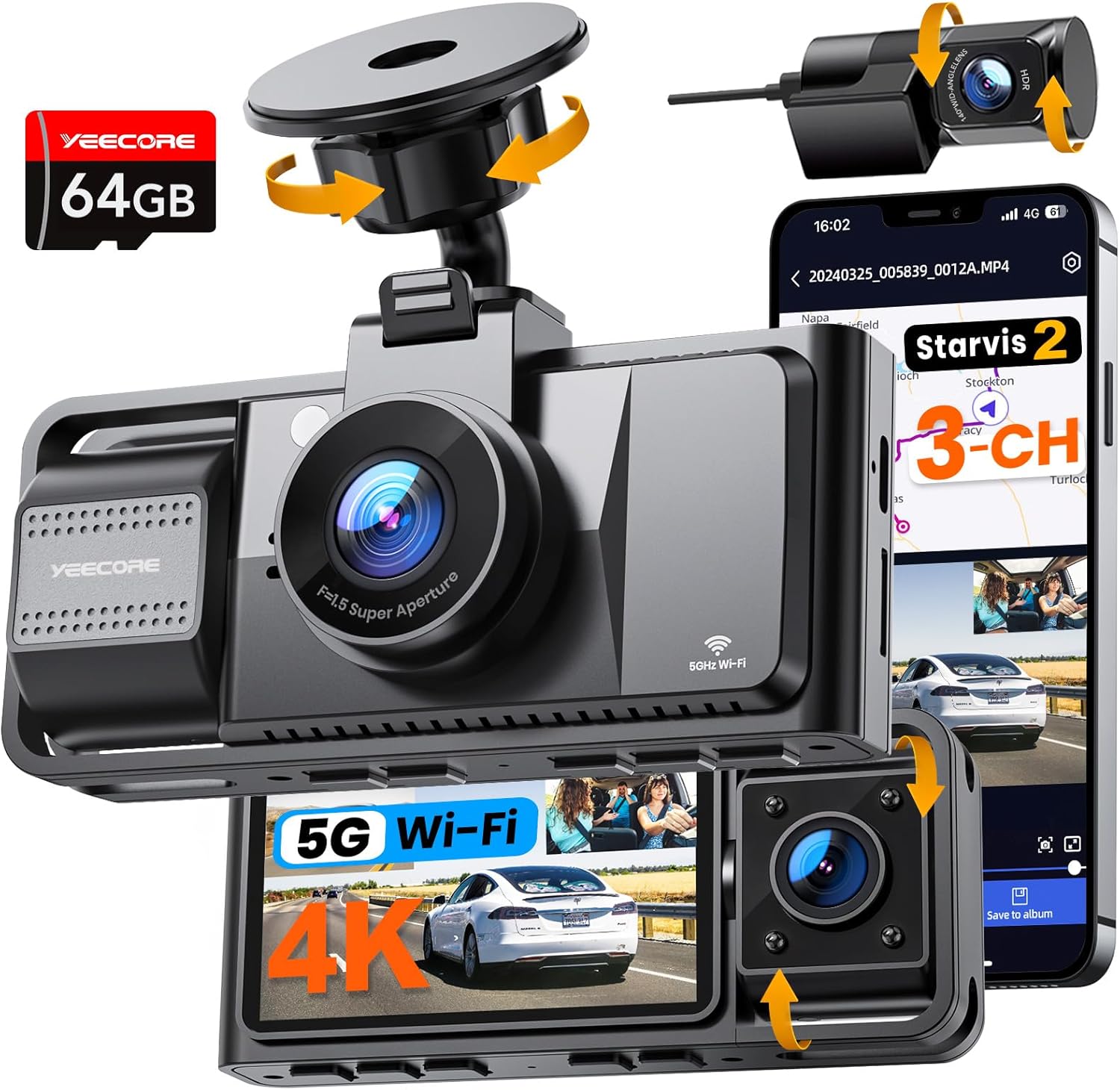 Real 4K 3 Channel Dash Cam with Night Vision and GPS Tracking